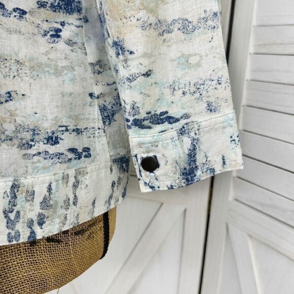 Chico’s Watercolor Linen Blend Open Front Topper Jacket White Blue Small - Picture 8 of 14